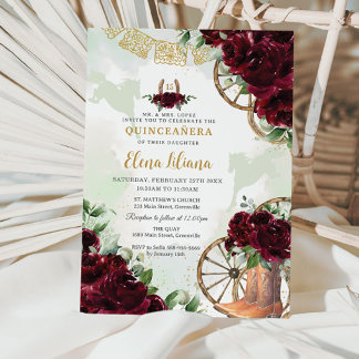 Burgund Floral Charro Boots Sweet 16 Quinceañera Einladung