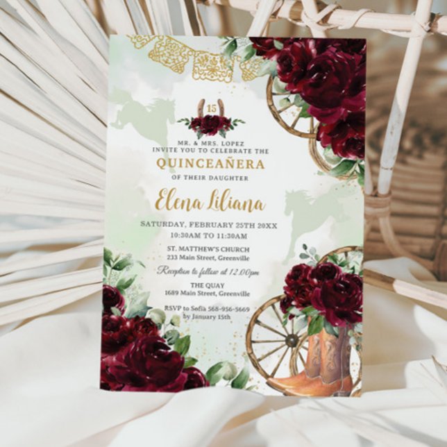 Burgund Floral Charro Boots Sweet 16 Quinceañera Einladung (Zazzle-burgundy-roses-floral-charro-cowboy-boots-horses-western-horseshoe-quinceanera-invitation)