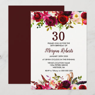 Burgund Floral Elegant 30. Geburtstag Party laden Einladung