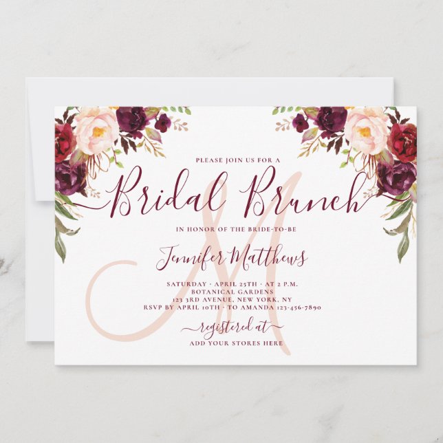 Burgund Floral Elegantes Monogram Bridal Brunch Einladung (Vorderseite)