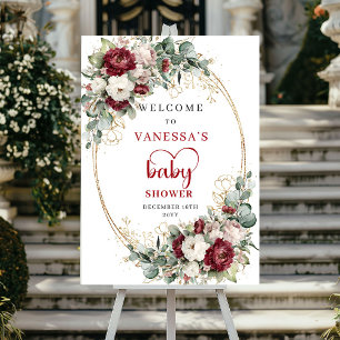Burgund Floral Eukalyptus Gold Babyparty Willkomme Poster