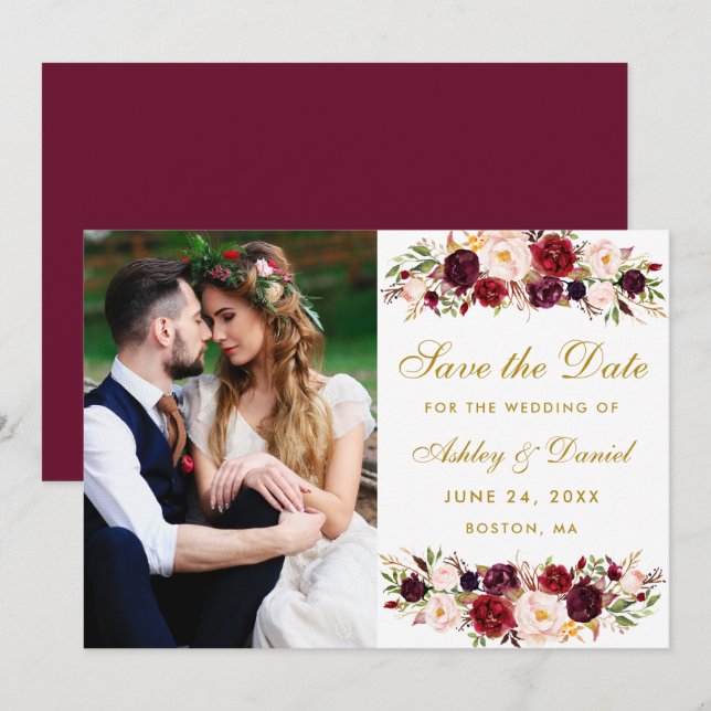 Burgund Floral Foto Gold Save the Date (Vorne/Hinten)