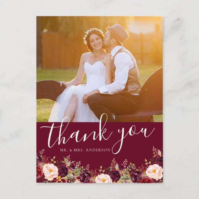 Burgund Floral Foto Rustic Wedding Vielen Dank Postkarte (Vorderseite)
