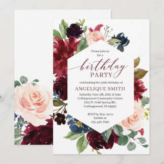 Burgund Floral Geburtstagseinladung Erwachsene Einladung