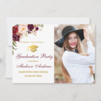 Burgund Floral Gold Foto Graduation Party einladen