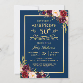 Burgund Floral Gold Navy Überraschung Geburtstagsp Einladung