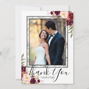 Burgund Floral Gray Marble Script Foto Hochzeit Dankeskarte