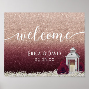 Burgund Floral Lantern Rose Gold Hochzeit Willkomm Poster