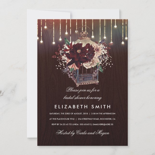Burgund Floral Lantern Rustikales Fall Brautparty Einladung (Vorderseite)