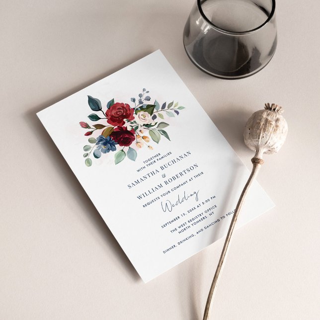 Burgund Floral Moderne botanische Hochzeit Einladung (Elegant Script Floral Wedding Invitation)