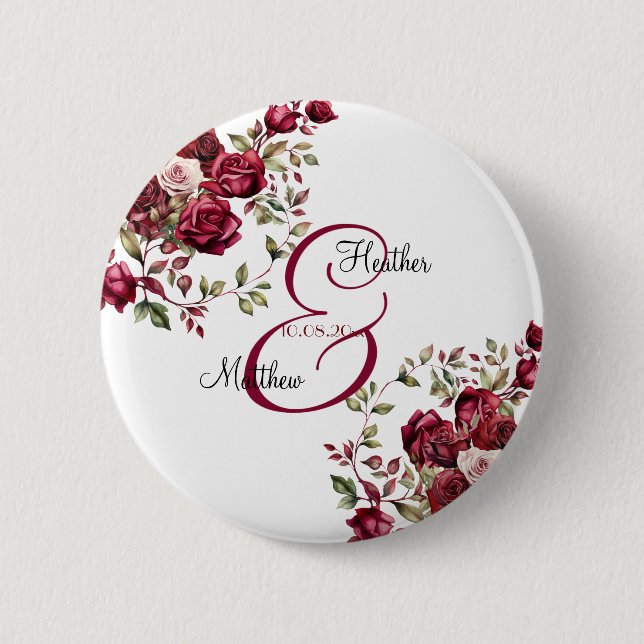 Burgund Floral Moderne Skripthochzeit Button (Vorderseite)