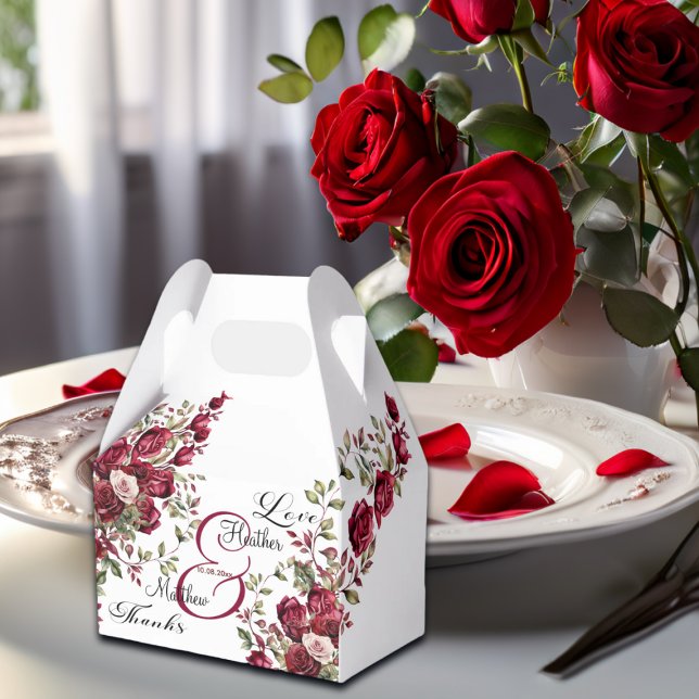 Burgund Floral Moderne Skripthochzeit Geschenkschachtel (Von Creator hochgeladen)