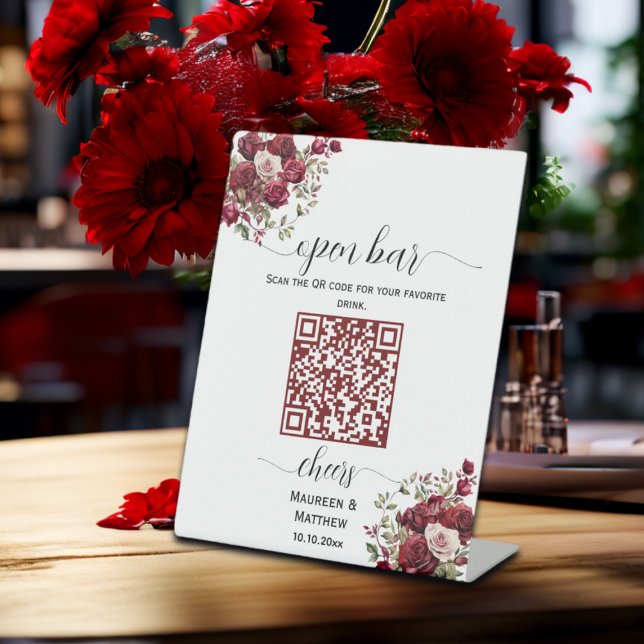 Burgund Floral Moderner QR Code Hochzeit Open Bar Sockelschild (Von Creator hochgeladen)