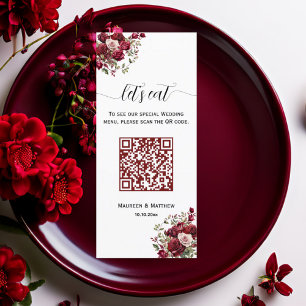 Burgund Floral Modernes QR Code 4x9'' Hochzeitsmen Menükarte