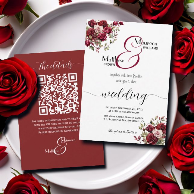 Burgund Floral Modernes Script QR Code Hochzeit Einladung (Von Creator hochgeladen)