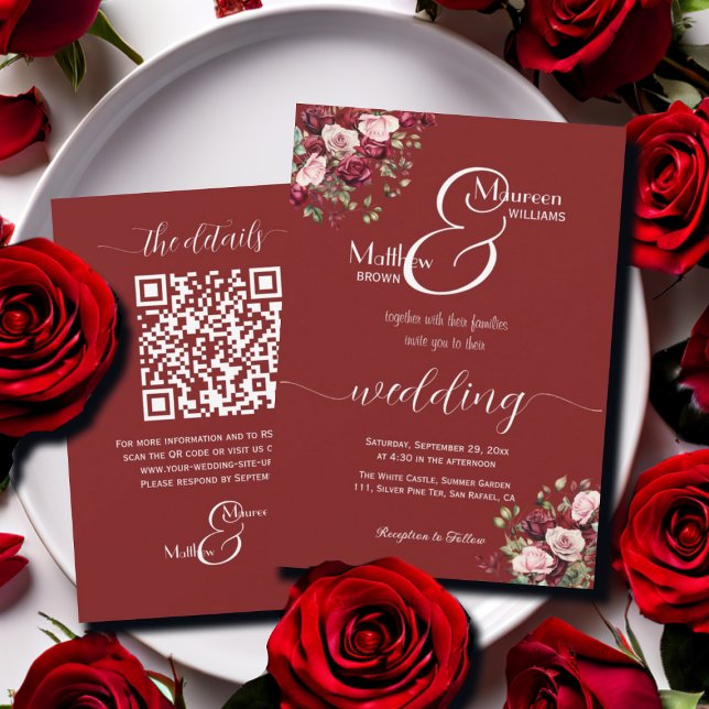 Burgund Floral Modernes Script QR Code Hochzeit Einladung (Von Creator hochgeladen)