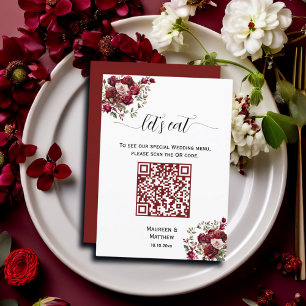 Burgund Floral Modernes Script QR Code Wedding Men Menükarte