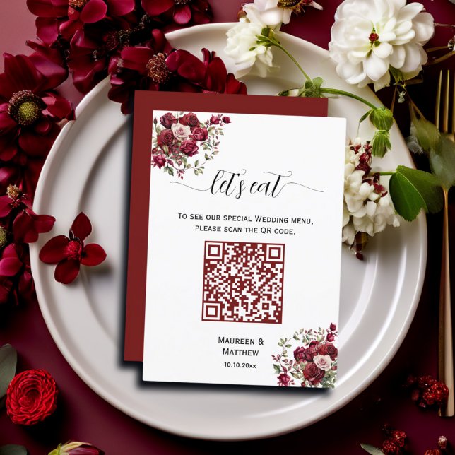 Burgund Floral Modernes Script QR Code Wedding Men Menükarte (Von Creator hochgeladen)