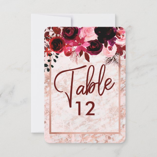 Burgund Floral & Rose Gold Hochzeiten Tischnummern (Vorderseite)