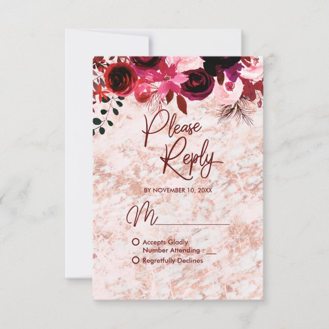 Burgund Floral & Rose Gold-Hochzeitsrate Antwort U (Vorderseite)