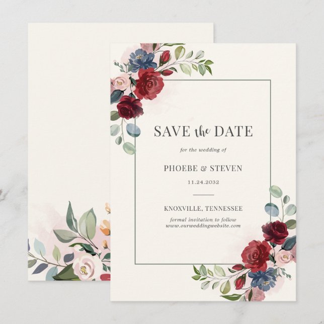 Burgund floral rustikal botanisch Save the Date (Vorne/Hinten)