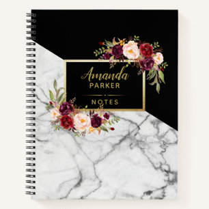 Burgund Floral Schwarz Weiß Marmor Designer Notizb Notizbuch