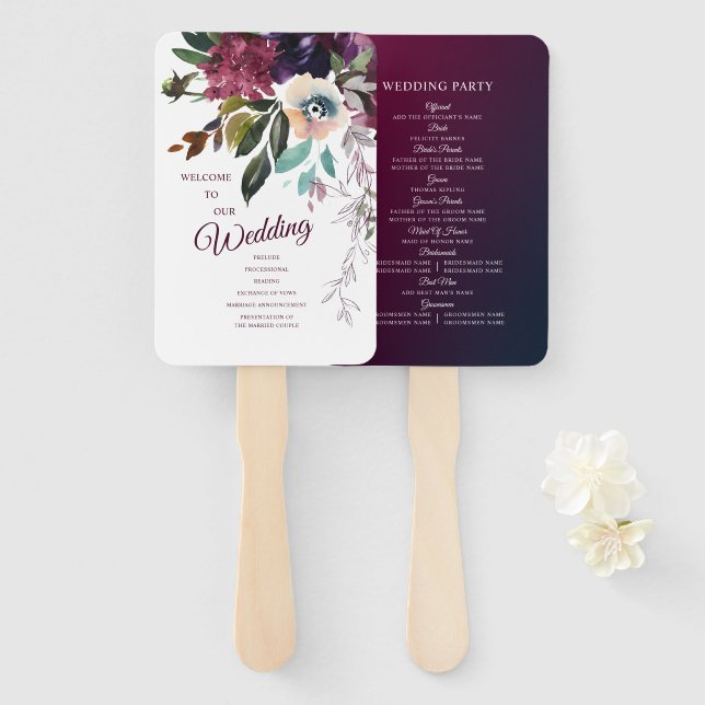 Burgund Floral Splendor Wedding Programm Fächer (Vorne und Hinten)