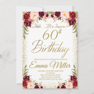 Burgund Floral Überraschung 60. Geburtstag Einladung