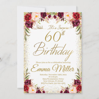Burgund Floral Überraschung 60. Geburtstag Einladung