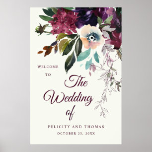Burgund Floral Wasserfarben Elfenbein Hochzeit Wil Poster