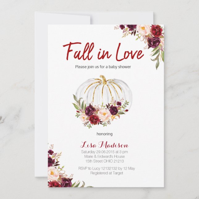Burgund Floral White Pumpkin Baby Dusche Einladung (Vorderseite)