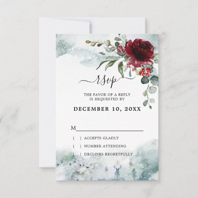 Burgund Floral Winter Wunderland Hochzeit RSVP Karte (Vorderseite)