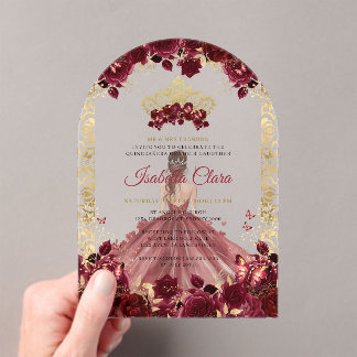 Burgund Florale Goldene Bogen Prinzessin Quinceane Acryleinladungen