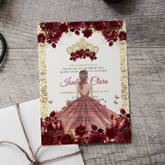 Burgund Florale Goldene Bogen Prinzessin Quinceane Einladung