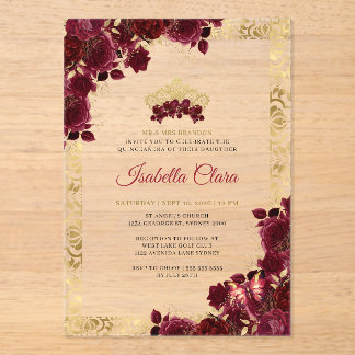 Burgund Florale Goldene Bogen Quinceanera Acryleinladungen