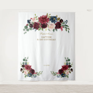 Burgund Florales 1. Geburtstags-Tauf-Fotoatelier Wandteppich