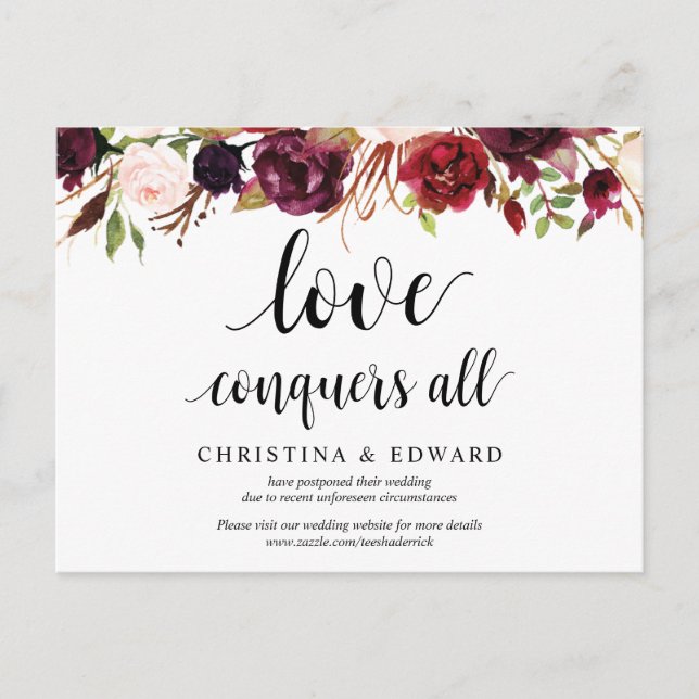 Burgund Florals, Liebe erobert alle, aufgeschoben Postkarte (Vorderseite)