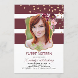 Burgund Foto Bloral und Gold Geburtstag Sweet 16 Einladung