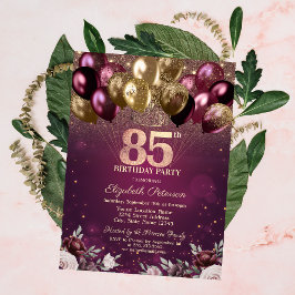 Burgund Glitzer Balloons Blume 85. Geburtstag Einladung