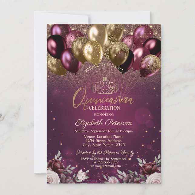 Burgund Glitzer Balloons Blume Quinceañera Einladung (Vorderseite)