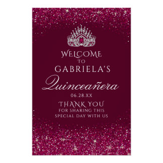Burgund Glitzer Quinceanera Begrüßungszeichen Poster