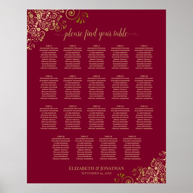 Burgund & Gold 19 Hochzeitstisch-Seating-Chart Poster (Vorne)