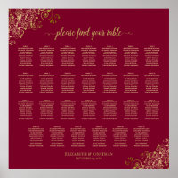 Burgund & Gold 27 Table Wedding Seating Chart
