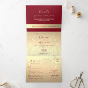 Burgund Gold 3-in-1 Einladung zur Hochzeit