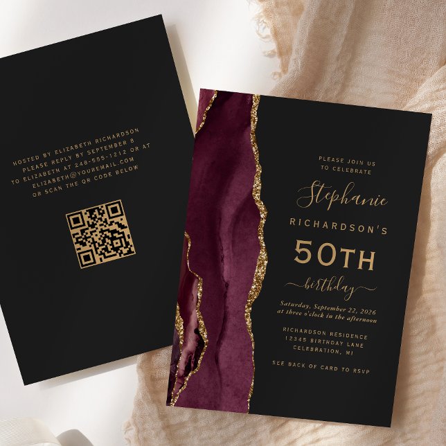 Burgund Gold Agate QR Code 50. Geburtstag Einladung (Von Creator hochgeladen)