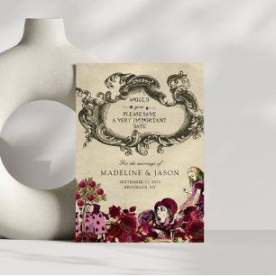 Burgund Gold Alice im Wunderland Hochzeit Save The Date