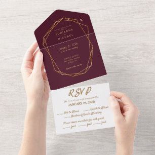 Burgund & Gold Alles-in-einem-Hochzeitseinladung All In One Einladung