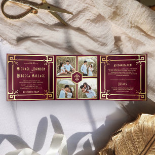 Burgund Gold Art Deco Foto Collage Hochzeit Dreifach Gefaltete Einladung