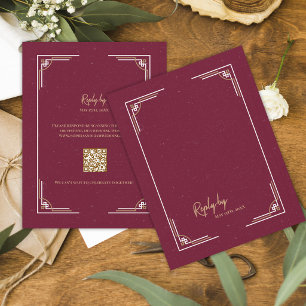 Burgund Gold Art Deco QR-Code Black-Tie-Hochzeit RSVP Karte