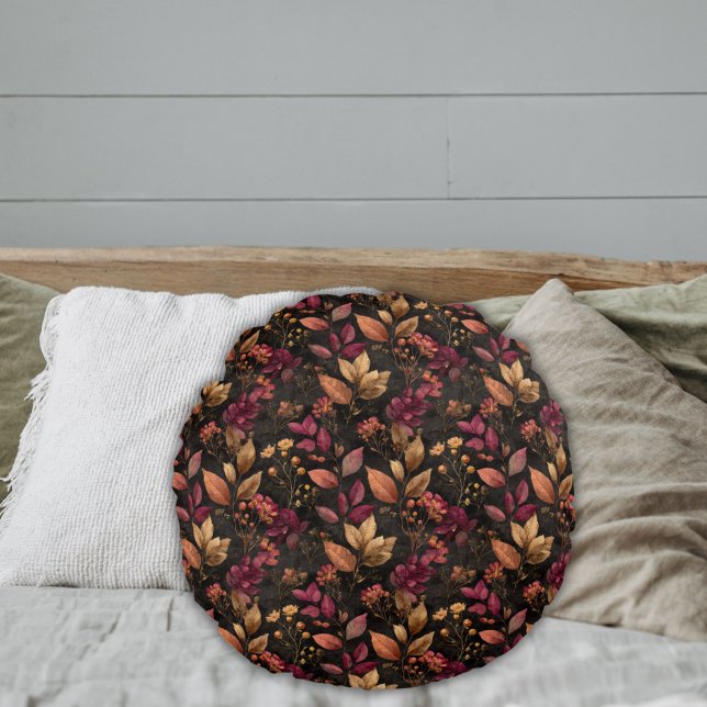 Burgund Gold Black Watercolor Botanicals Florals Rundes Kissen (Burgundy gold black watercolor botanical leaves florals round bedroom or living room pillow)